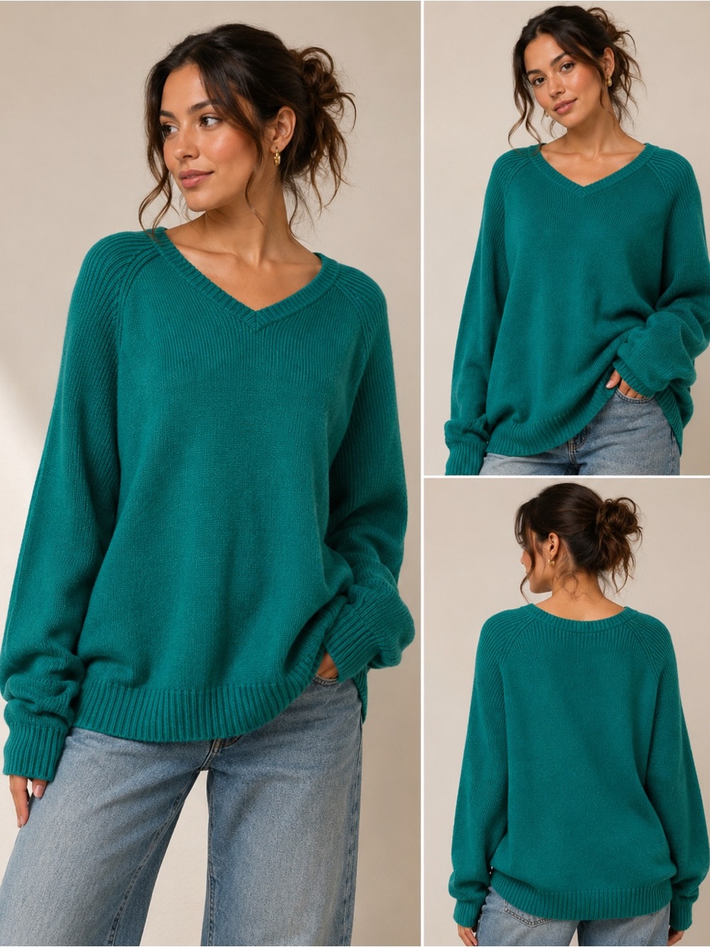 PERU WOOL BLEND Relaxed V-Neck Sweater in Teal for Women